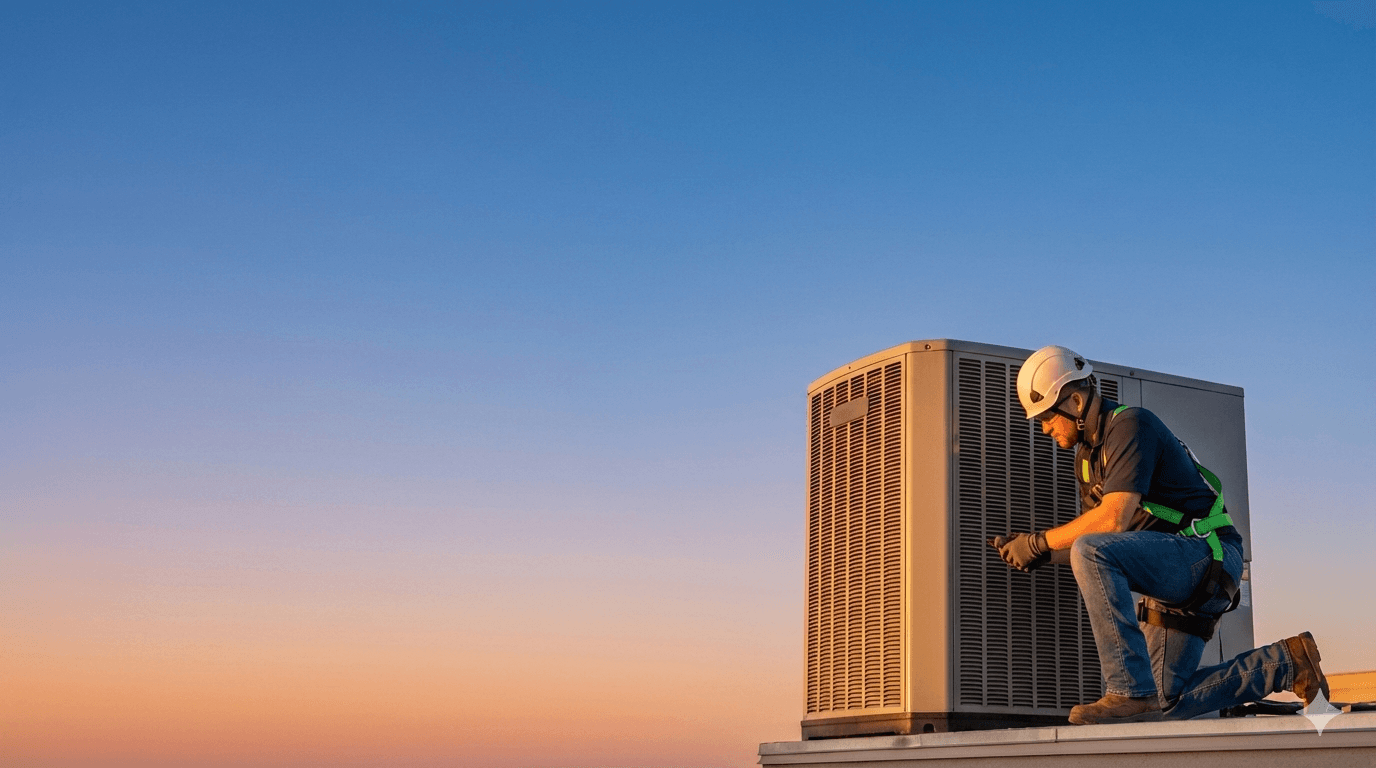 HVAC technician servicing AC unit at sunset